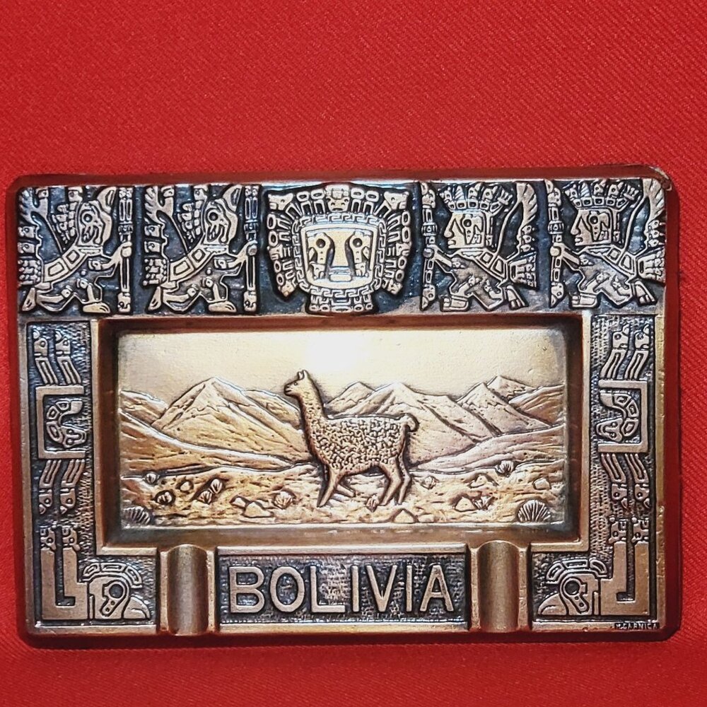 Vintage Bolivia Copper Ash Tray Embossed Art Llama Farm Scene  Incan Deity Virac